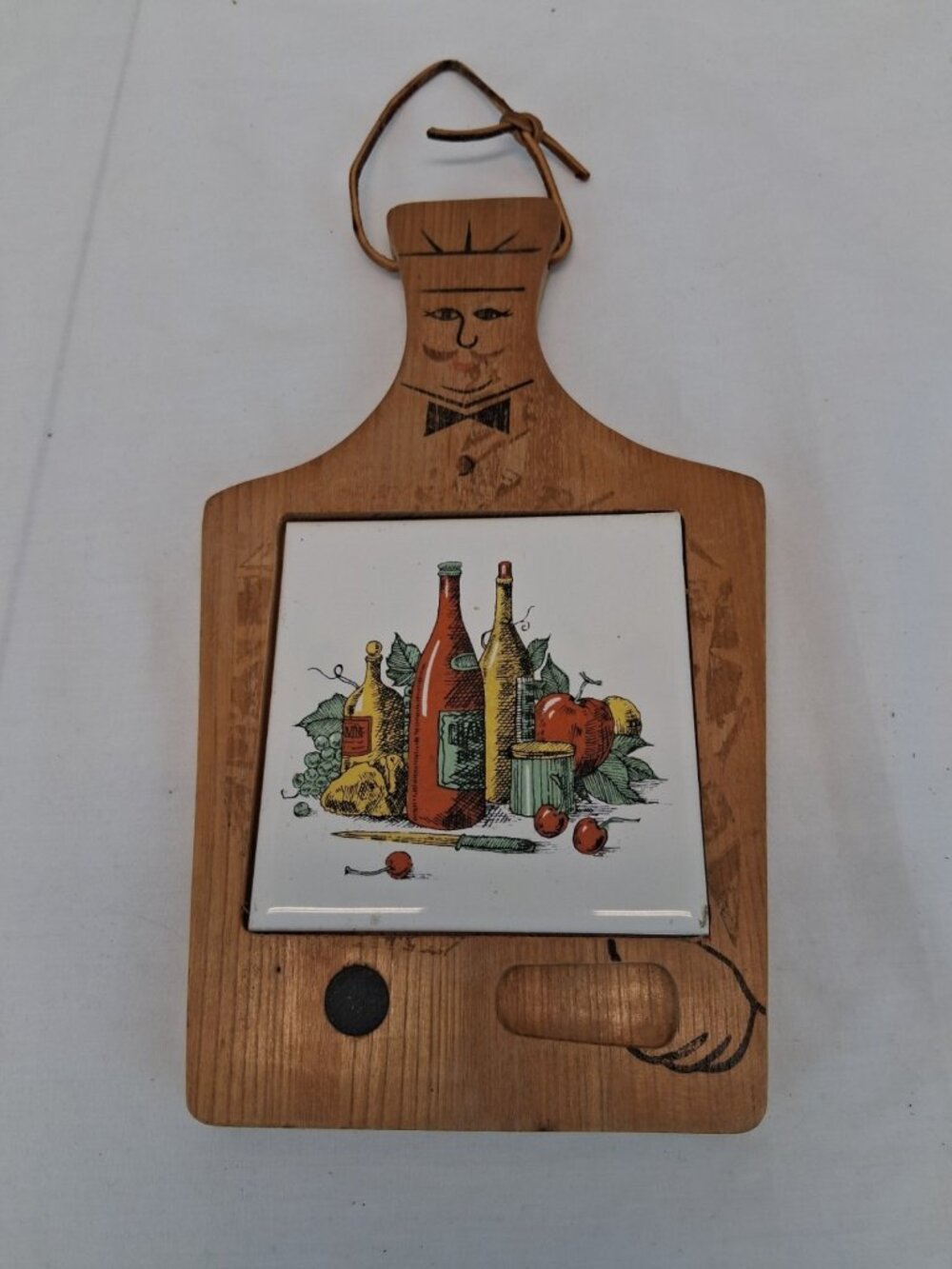 VTG Wood Cutting Board Tile Trivet Chef Design Ceramic Inset 10” 1960s-1980s GUC